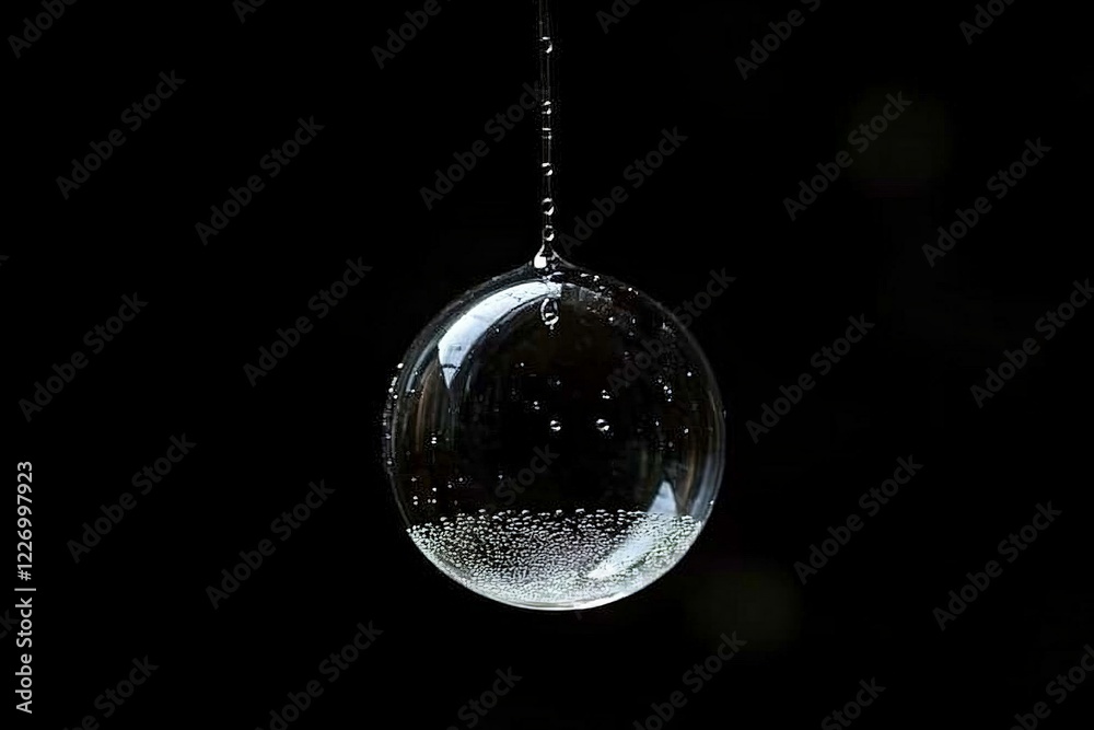 Poster Bubbles accumulate in a transparent sphere hanging against a dark background illuminating the unique beauty of water