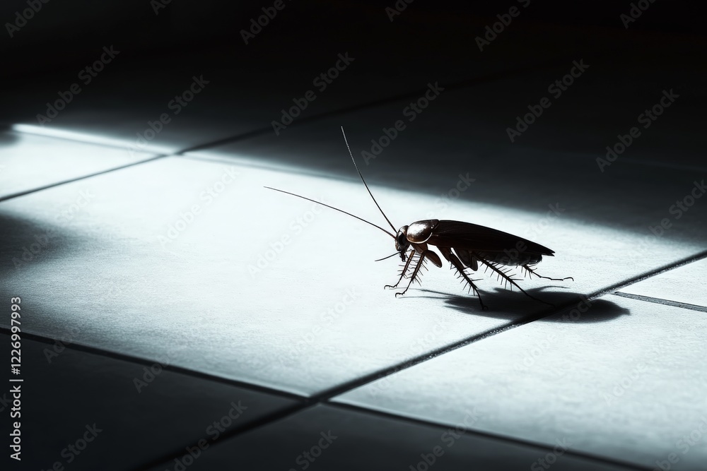 Poster cockroach exploring a sunlit tile floor in a dimly lit room during afternoon hours