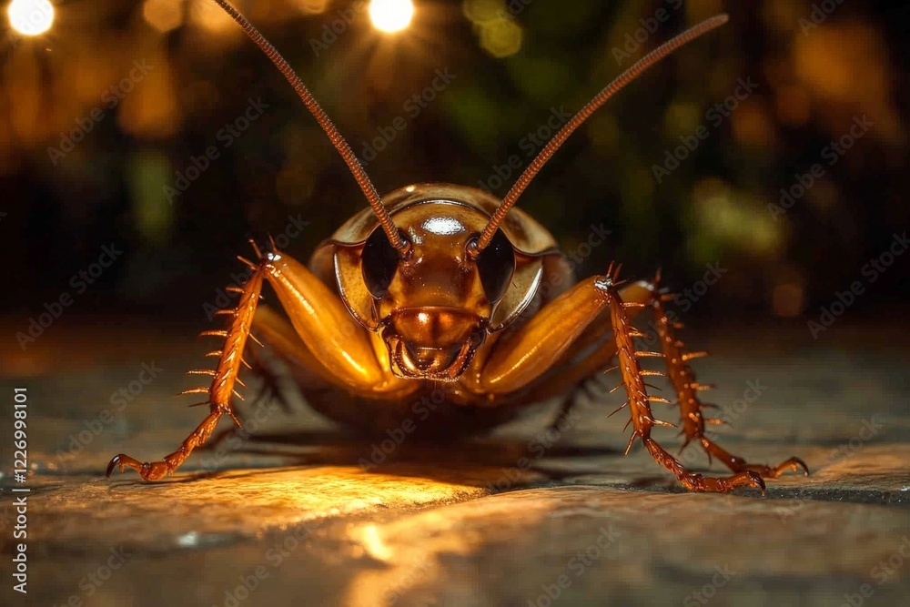 Poster Close-up view of a cockroach in a dimly lit environment showcasing its details and texture