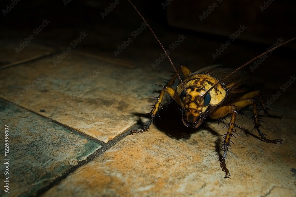 Poster Close-up view of a large cockroach on a tiled floor at night in a dimly lit environment