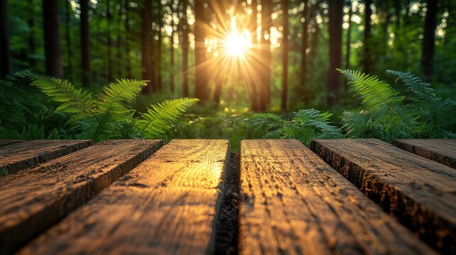 Sunset forest wooden platform product display