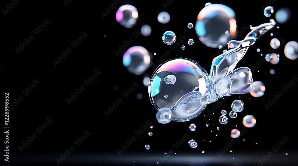Poster iridescent bubbles floating in dark space an abstract 3d render