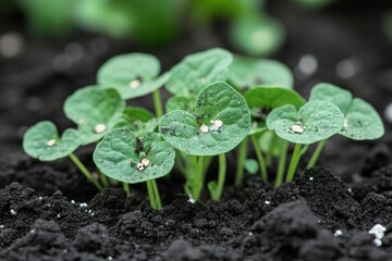 New green seedlings emerge in rich, dark soil during spring growth