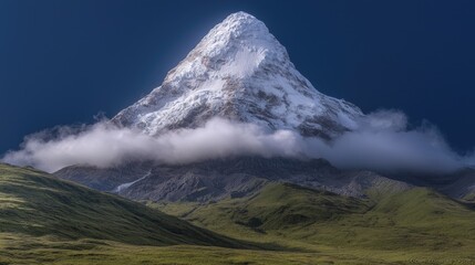 Fototapeta premium Majestic snow-capped peak, cloud cover, green valley, mountain range. Stock photo for travel, nature