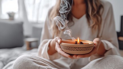 A serene scene of a woman dressed in light, aromatherapy, relaxation and meditation, gently holding a burning sandalwood candle in a decorative ceramic bowl
