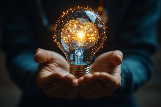 Hands hold a glowing light bulb symbolizing creativity and innovation