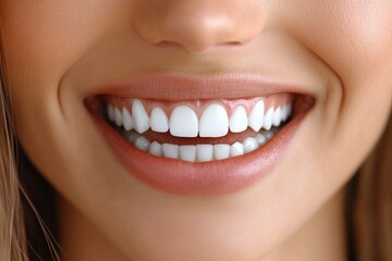 Fototapeta premium Bright smile of a young woman showcasing pristine teeth in a close-up during a sunny day