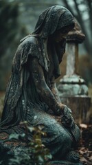 Obraz premium An aged statue of a sad woman with a hood