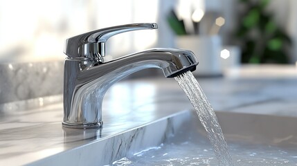 Modern chrome faucet running water in bathroom