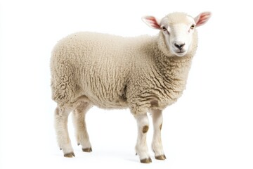 A fluffy sheep standing against a white background.