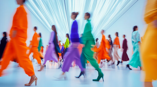 Fashion show models in vibrant color clothing walking in a runway, dynamic motion blur effect, showcasing modern fashion trends and design aesthetics