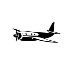 Vintage Airplane Silhouette: A Classic Aircraft Design in Black and White. Perfect for travel, aviation, and retro themes.
