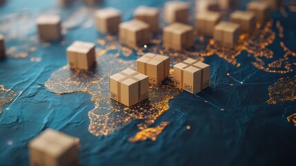 3d minimalistic of illustration of Parcel boxes with pinpoint on globe earth