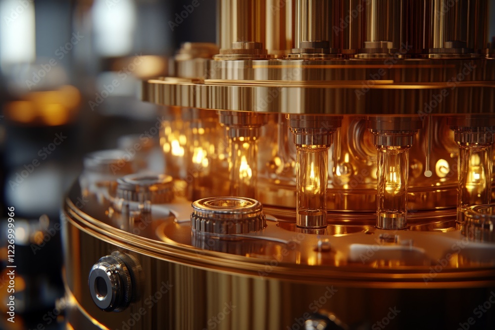 Aufkleber close-up view of intricate golden machinery with glowing components in a modern industrial setting