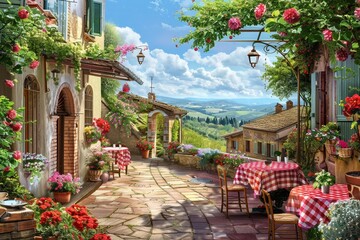 Una strada piena di fiori con un piccolo bar tipico, tovaglie a quadri rossi sui tavoli e una vista sulle colline toscane