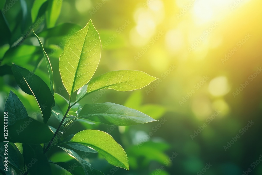 Poster Sunlight filters through green leaves creating a tranquil nature setting in a forest during the early morning