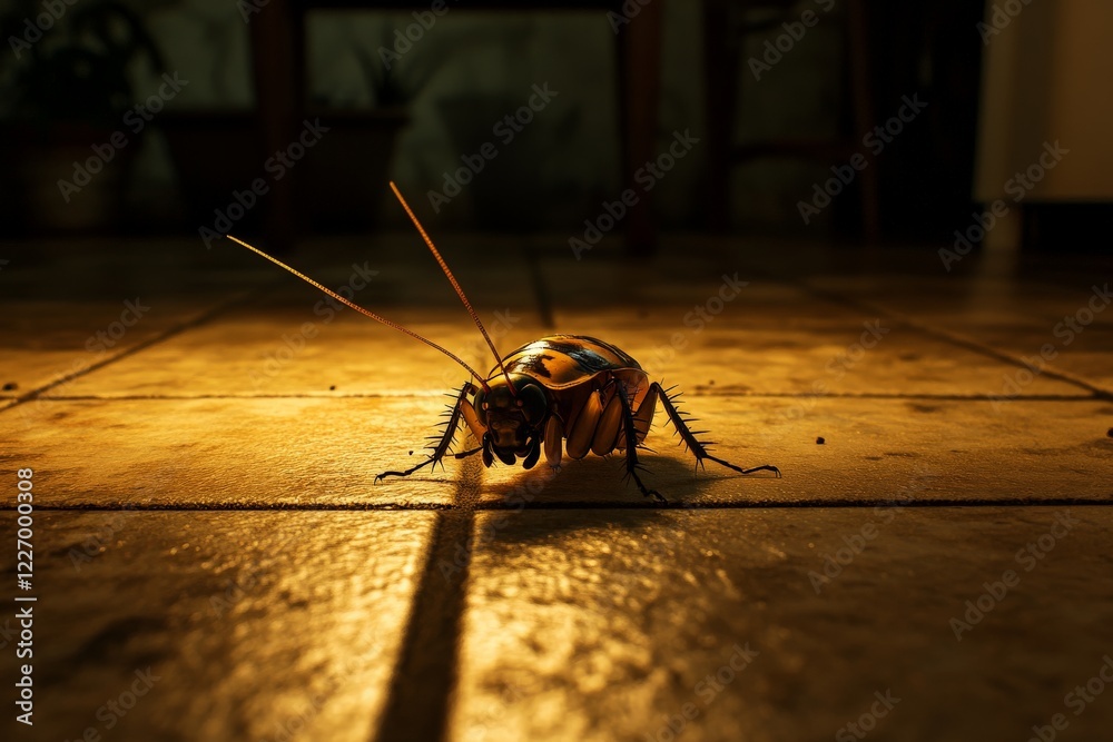 Poster close-up view of a cockroach crawling on a tiled floor in dim light during the night
