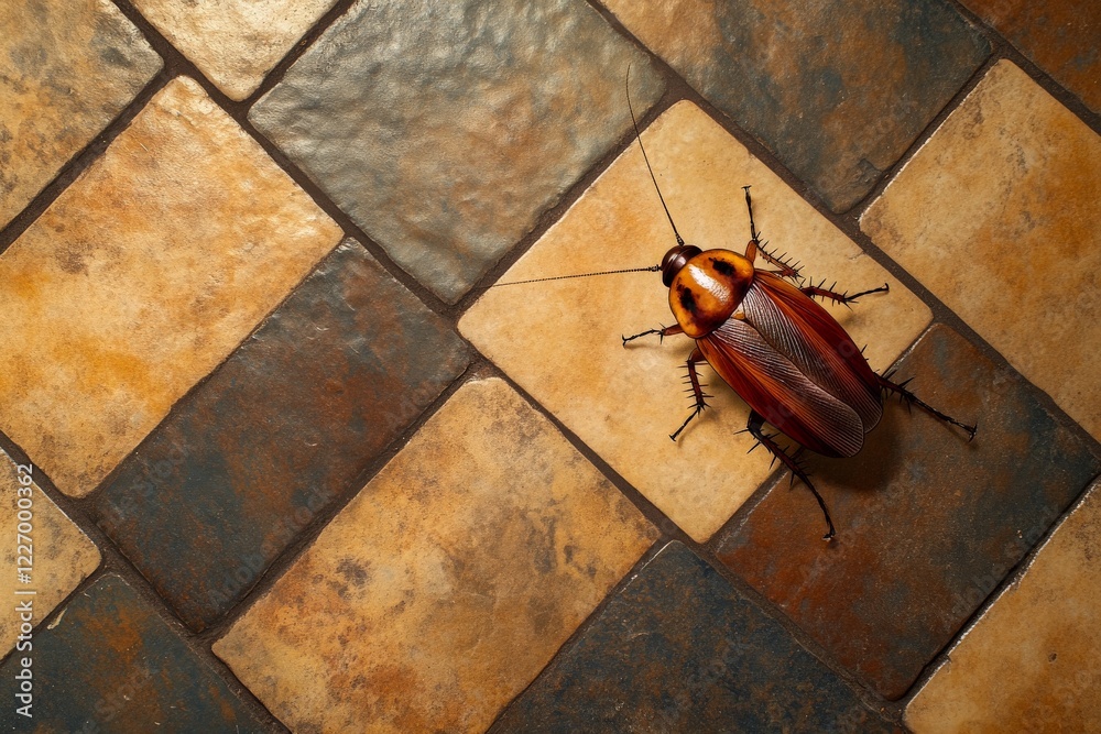 Poster cockroach exploring textured floor tiles in a well-lit indoor space during the day