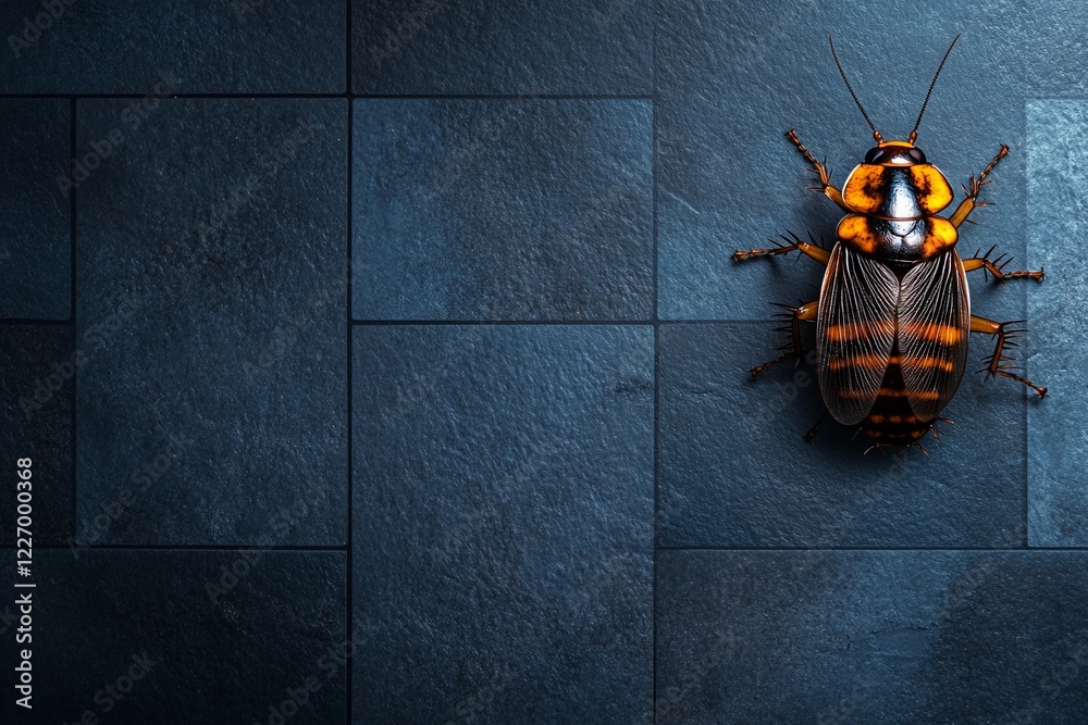 Poster orange and black cockroach resting on textured dark tiles with natural light highlighting its featur