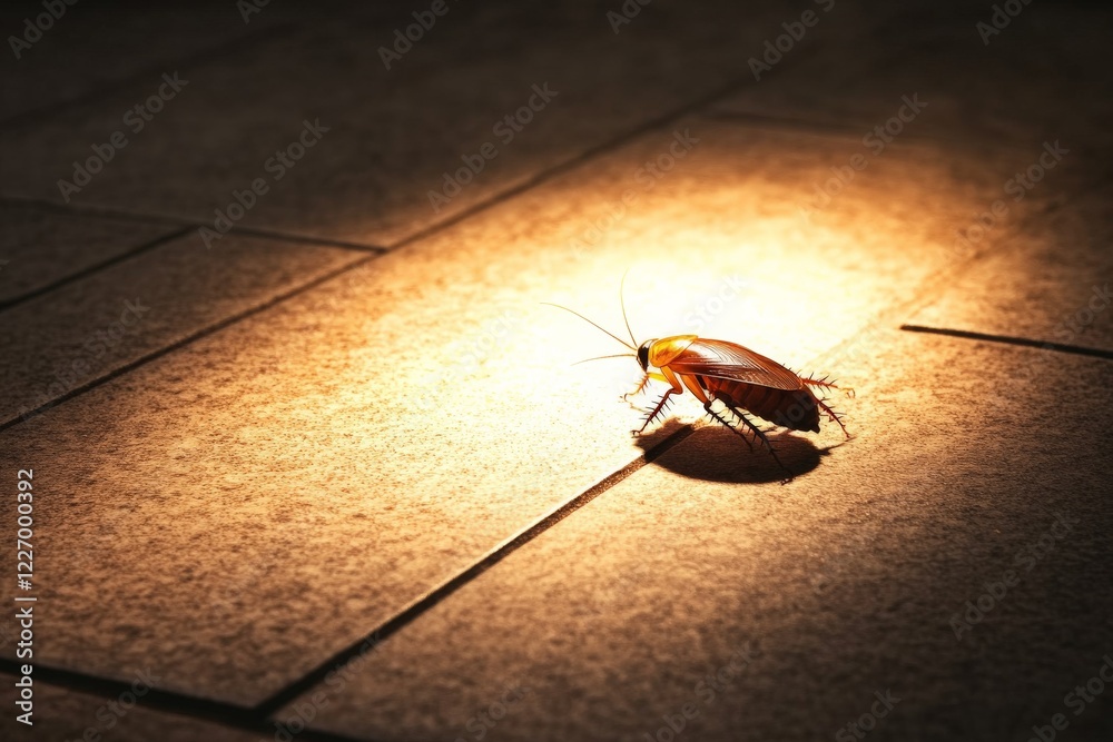 Poster cockroach illuminated by light on a textured floor surface during nighttime