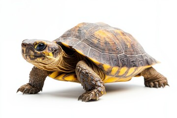 Fototapeta premium A yellow-footed tortoise walks on white.