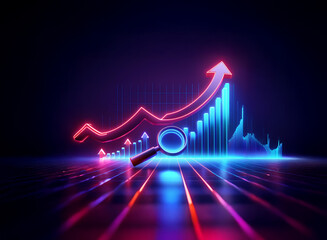 Neon glowing graph with upward arrow and magnifying glass signifies growth, progress, and data analysis.  The vibrant colors create a dynamic and futuristic feel.