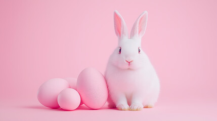 Fototapeta premium Easter party concept. Composition of easter bunny and eggs on pastel background with copyspace template for greetein card