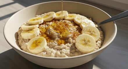 Delicious oatmeal bowl with bananas and honey drizzle in sunlit kitchen