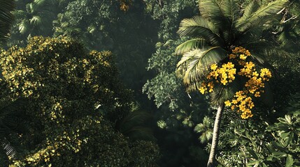 Aerial Top View of a Tropical Forest with Palm Trees and Dense Foliage