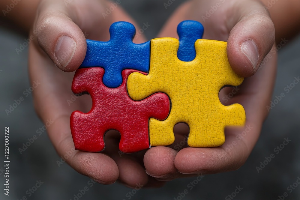 Poster Hands hold colorful puzzle pieces representing problem-solving and creativity in a cheerful activity