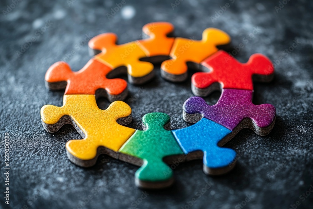 Poster Colorful puzzle pieces arranged in a circular pattern on a textured surface showcase creativity and fun