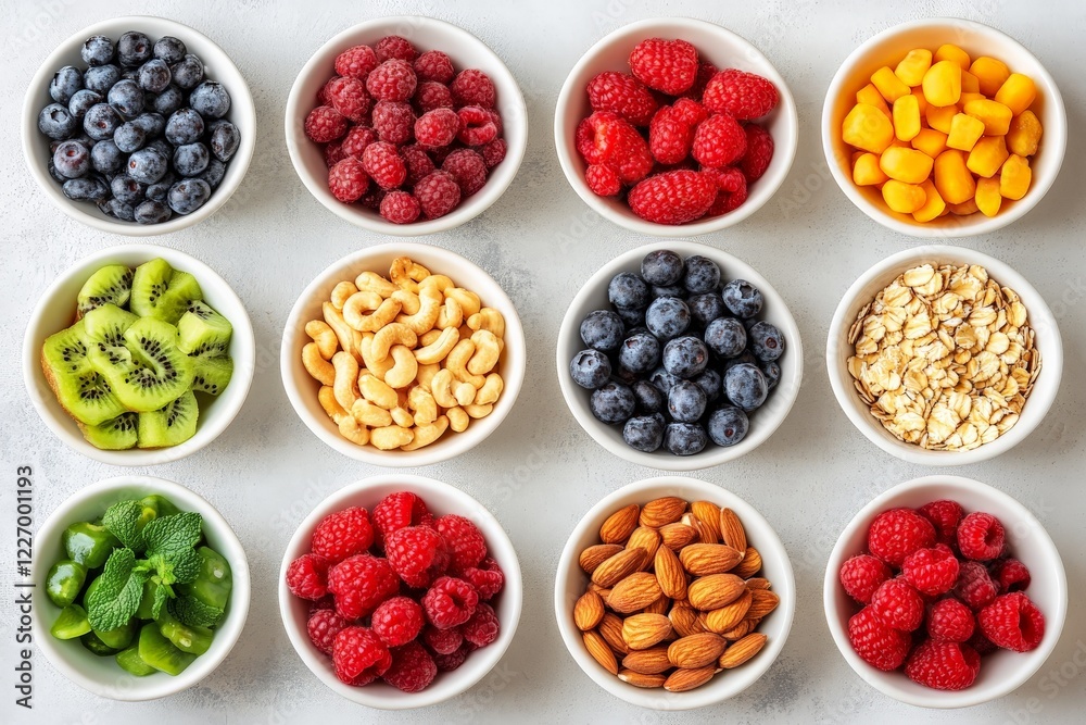 Aufkleber Fresh and colorful assortment of fruits and nuts displayed in bowls on a white surface