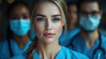Obraz premium Young medical professional in scrubs leads a group of healthcare workers wearing masks indoors