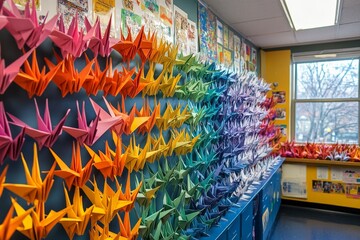 Obraz premium Colorful display of origami cranes brightens classroom walls in an elementary school setting during spring