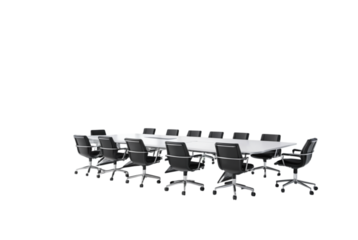 Modern conference room with large screen displaying financial 