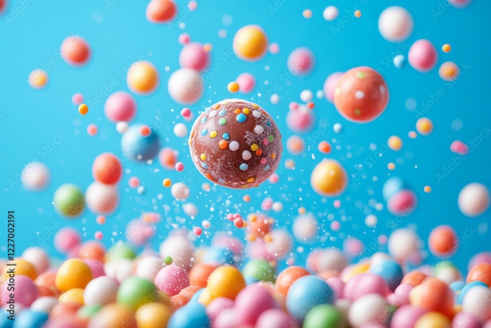 Poster colorful candy balls float against a blue background creating a vibrant and playful atmosphere