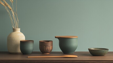 Minimalist pottery display with earthy tones on a wooden surface