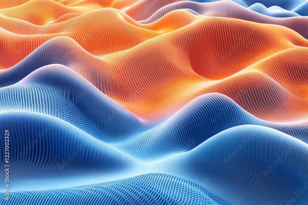 Poster Swirling patterns of vibrant colors create abstract waves in a digital landscape with warm and cool tones