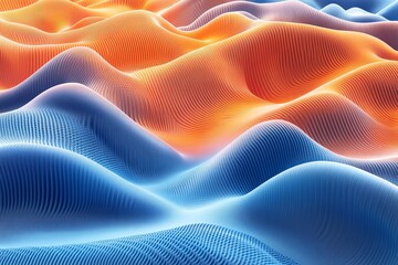 Swirling patterns of vibrant colors create abstract waves in a digital landscape with warm and cool tones
