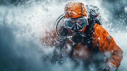 Snow diver exploring an underwater landscape in extreme conditions during a winter expedition