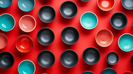 Colorful bowls arranged in a grid pattern on a vibrant red background