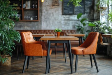 Cozy cafe interior featuring orange chairs and wooden tables amidst greenery in a rustic setting