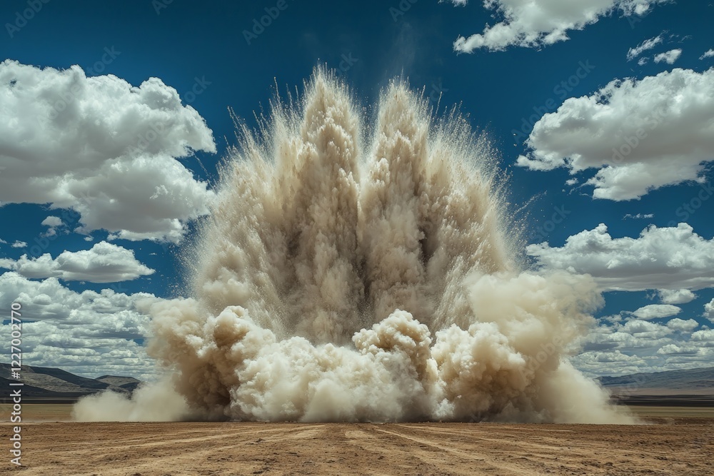Poster dust and debris erupt from a massive explosion in a remote desert location under a bright blue sky d