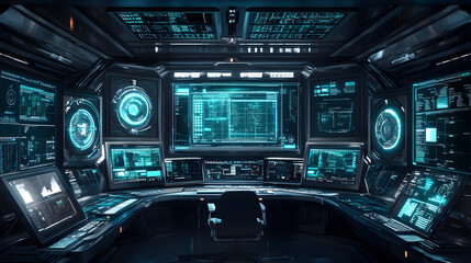 immersive digital background featuring transparent screens, futuristic UI panels, and a network of illuminated data connections in deep blue and cyan tones 