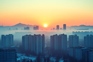 Fototapeta premium Sunrise over a misty cityscape with buildings and distant mountains during early morning