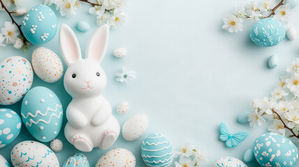 Easter party concept. Composition of easter bunny and eggs on pastel background with copyspace template for greetein card
