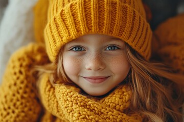 Bright-eyed girl smiling warmly in cozy yellow winter attire indoors