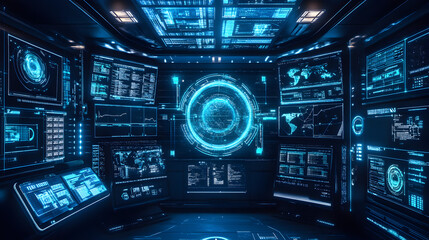 immersive digital background featuring transparent screens, futuristic UI panels, and a network of illuminated data connections in deep blue and cyan tones 