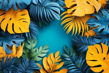 Colorful tropical leaves create a vibrant backdrop with a blue center perfect for creative designs or invitations