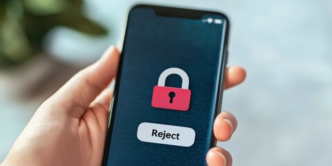 spam call phone security concept. Smartphone displaying a lock icon and reject button on the screen.